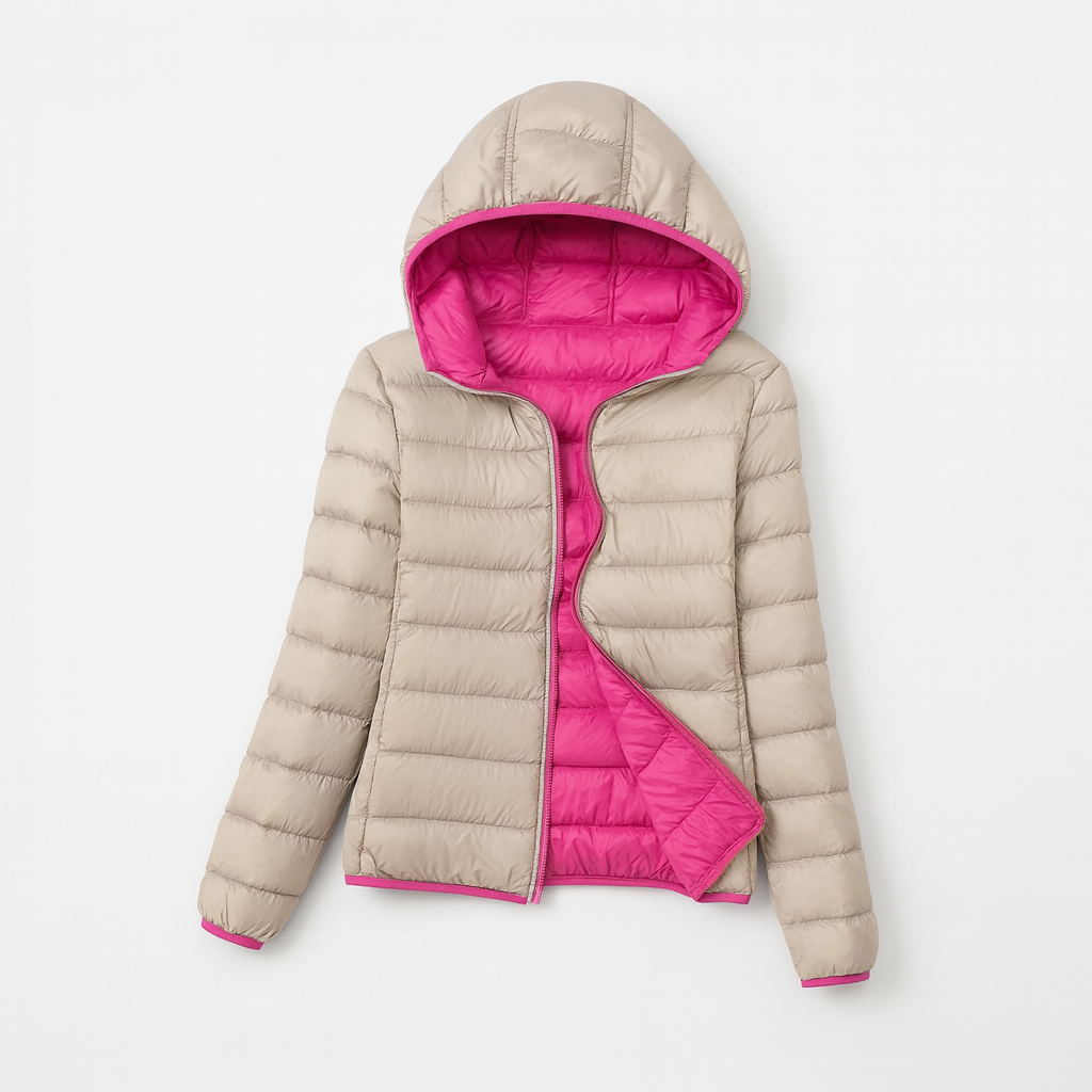 Women's puffer jacket with a hood, designed for cold weather, featuring a zip closure and side pockets. 1