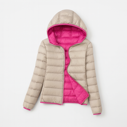 Women's puffer jacket with a hood, designed for cold weather, featuring a zip closure and side pockets. 1