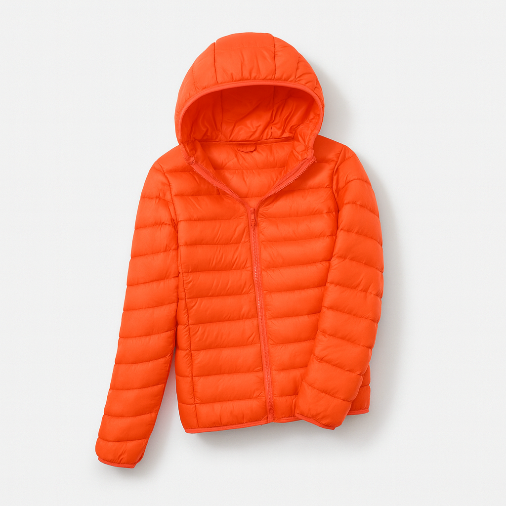 Women's puffer jacket with a hood, designed for cold weather, featuring a zip closure and side pockets. 10