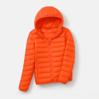Women's puffer jacket with a hood, designed for cold weather, featuring a zip closure and side pockets. 10