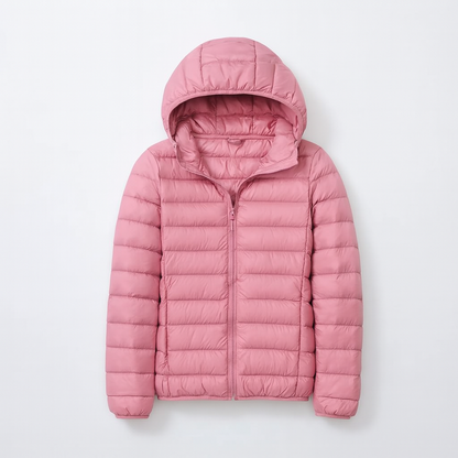 Women's puffer jacket with a hood, designed for cold weather, featuring a zip closure and side pockets. 11