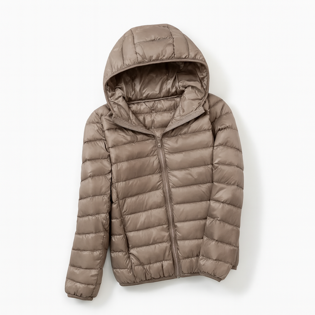 Women's puffer jacket with a hood, designed for cold weather, featuring a zip closure and side pockets. 12