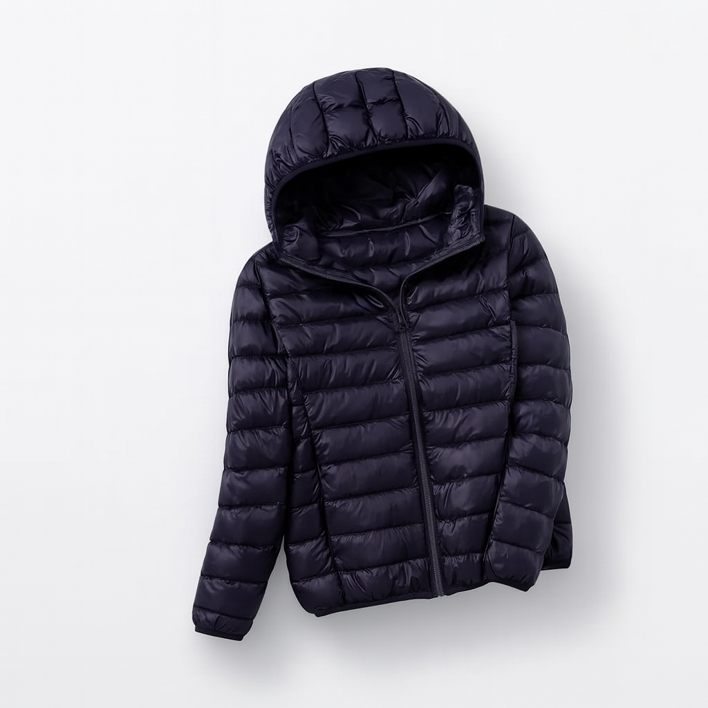 Women's puffer jacket with a hood, designed for cold weather, featuring a zip closure and side pockets. 13