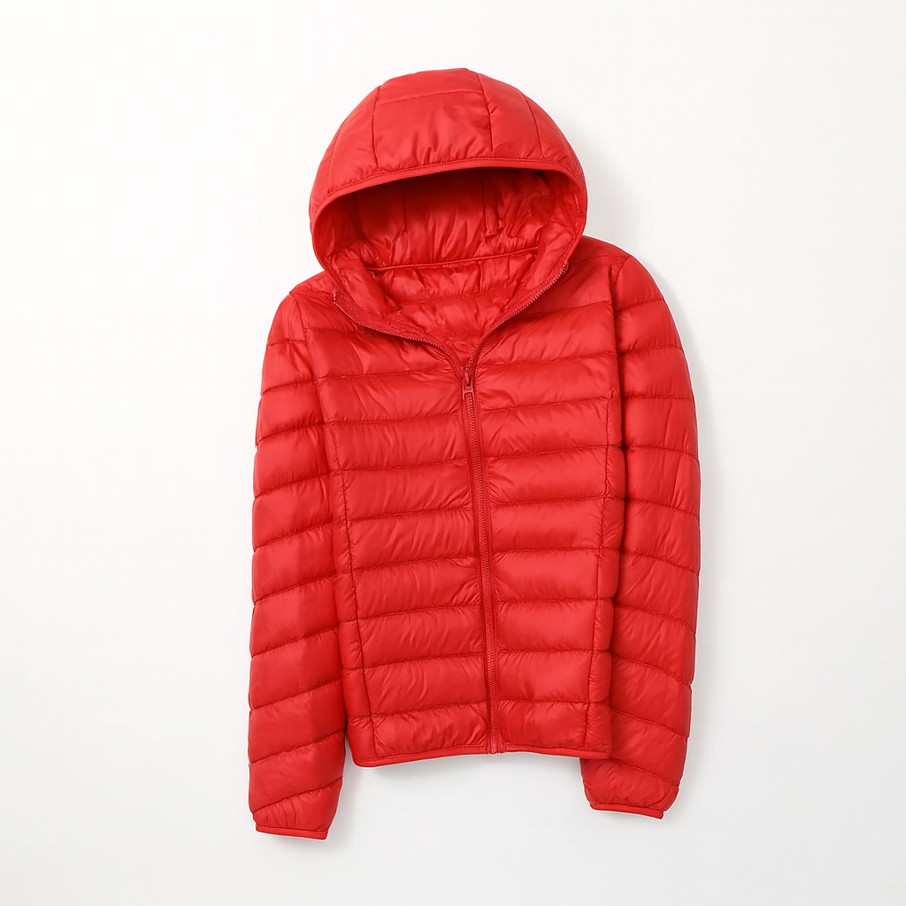Women's puffer jacket with a hood, designed for cold weather, featuring a zip closure and side pockets. 14