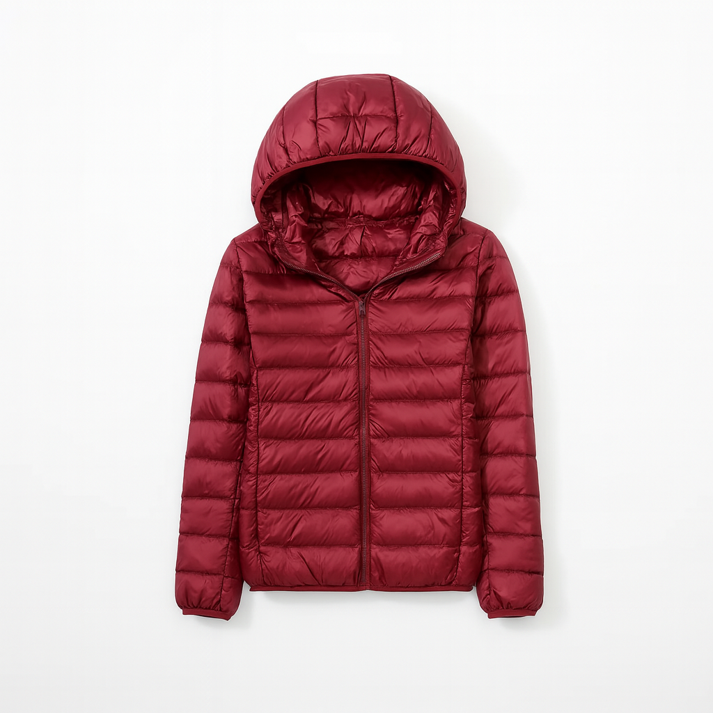 Women's puffer jacket with a hood, designed for cold weather, featuring a zip closure and side pockets. 15
