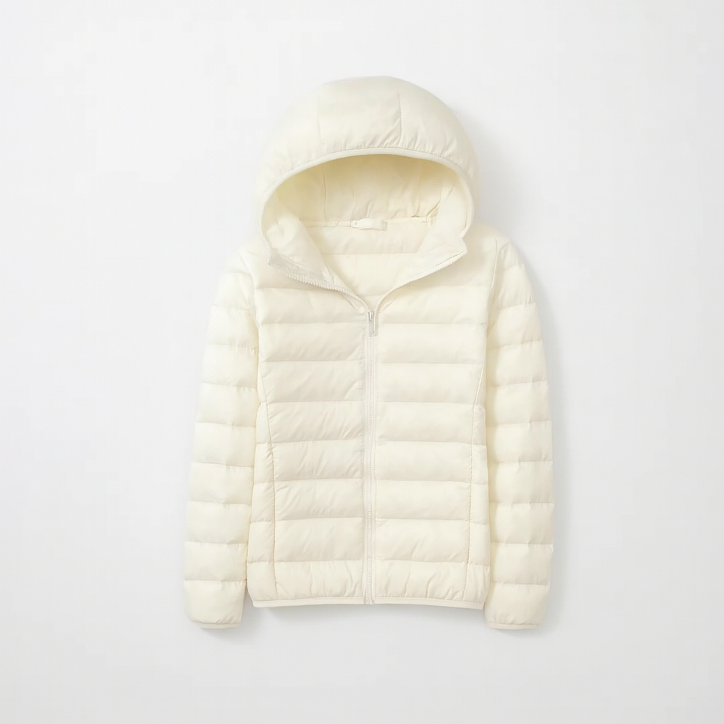 Women's puffer jacket with a hood, designed for cold weather, featuring a zip closure and side pockets. 16