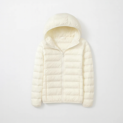 Women's puffer jacket with a hood, designed for cold weather, featuring a zip closure and side pockets. 16