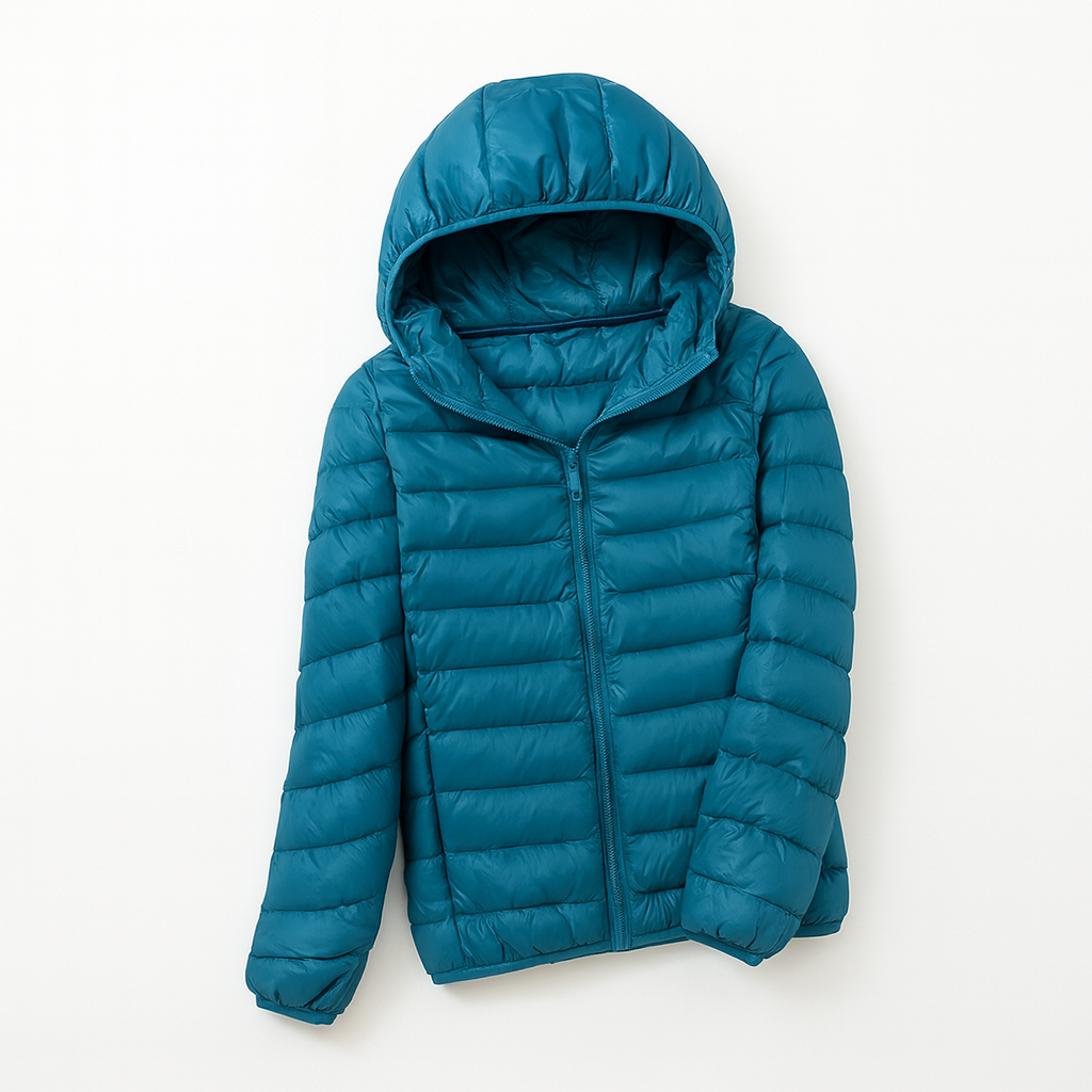 Women's puffer jacket with a hood, designed for cold weather, featuring a zip closure and side pockets. 17