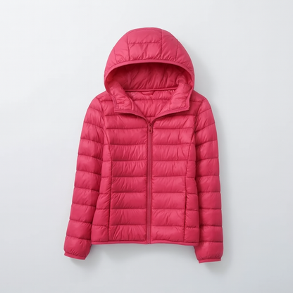Women's puffer jacket with a hood, designed for cold weather, featuring a zip closure and side pockets. 2