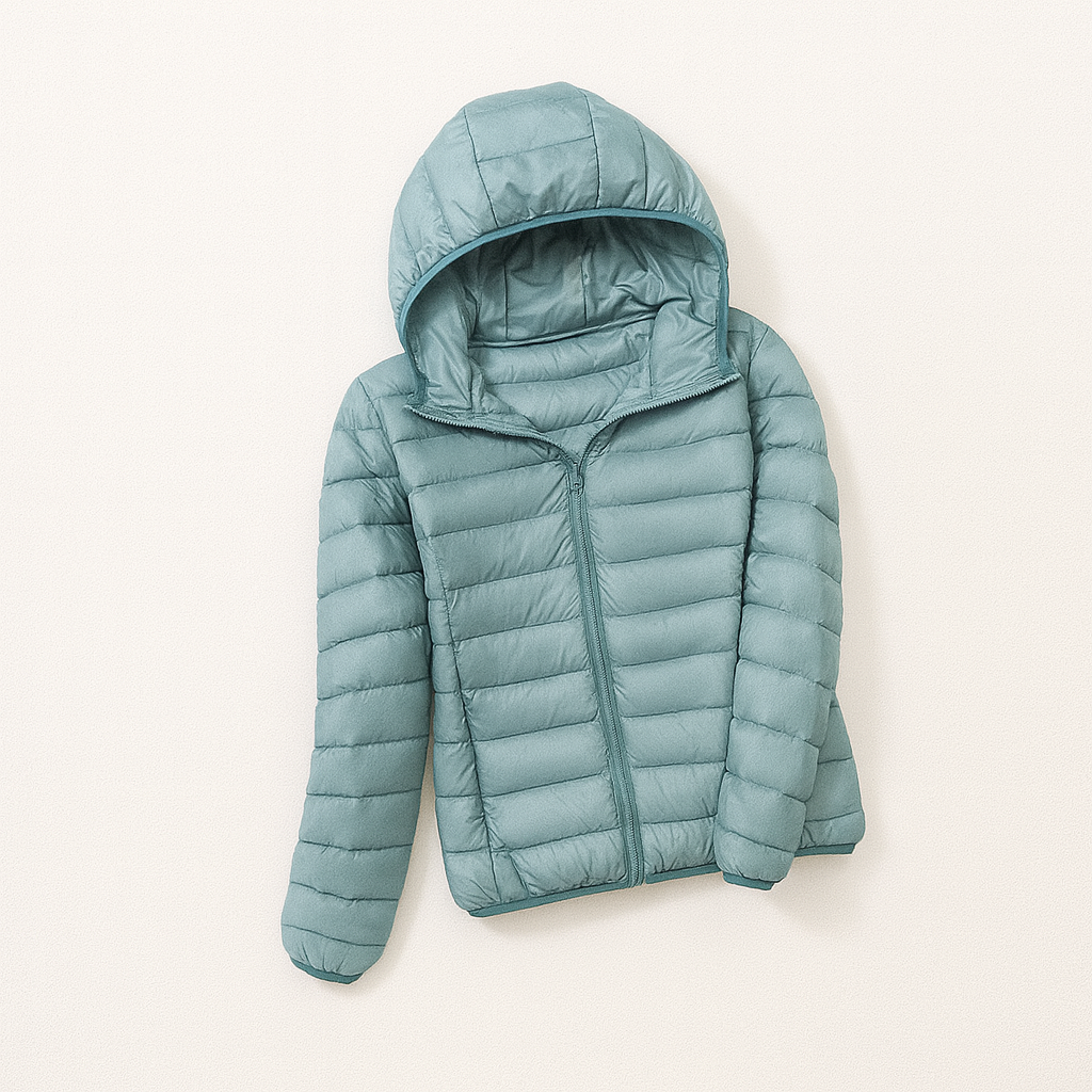 Women's puffer jacket with a hood, designed for cold weather, featuring a zip closure and side pockets. 3