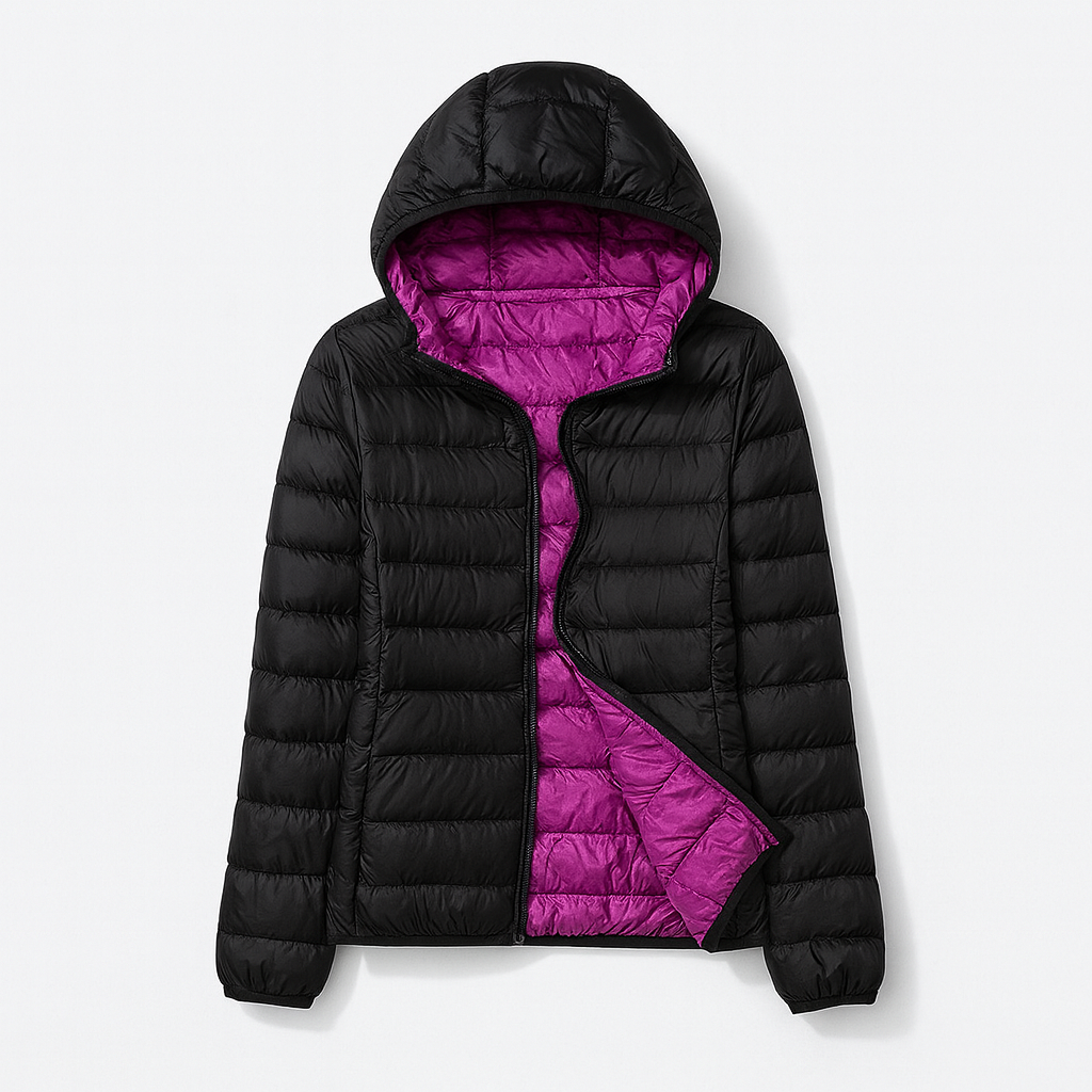 Women's puffer jacket with a hood, designed for cold weather, featuring a zip closure and side pockets. 4