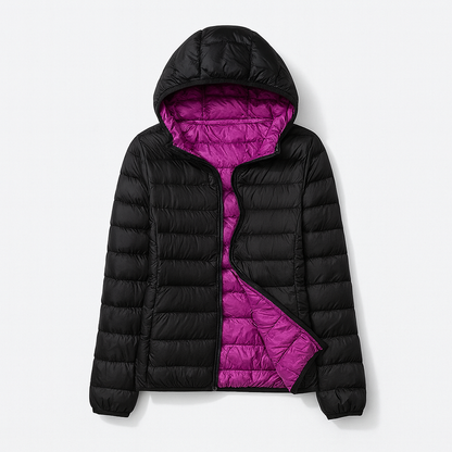 Women's puffer jacket with a hood, designed for cold weather, featuring a zip closure and side pockets. 4