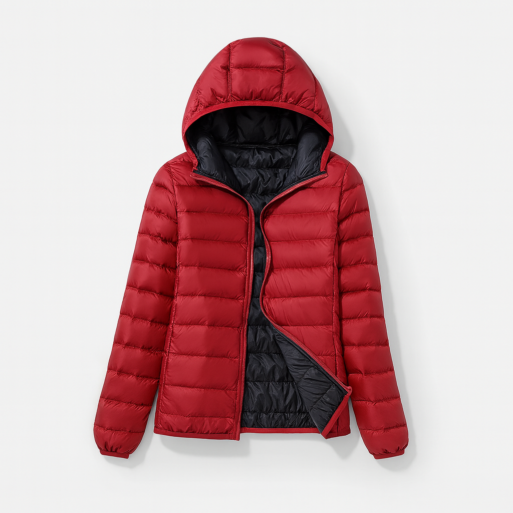 Women's puffer jacket with a hood, designed for cold weather, featuring a zip closure and side pockets. 5