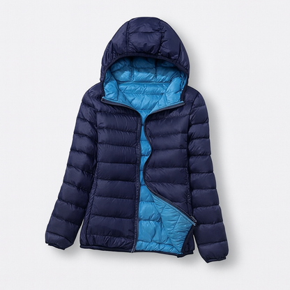 Women's puffer jacket with a hood, designed for cold weather, featuring a zip closure and side pockets. 6