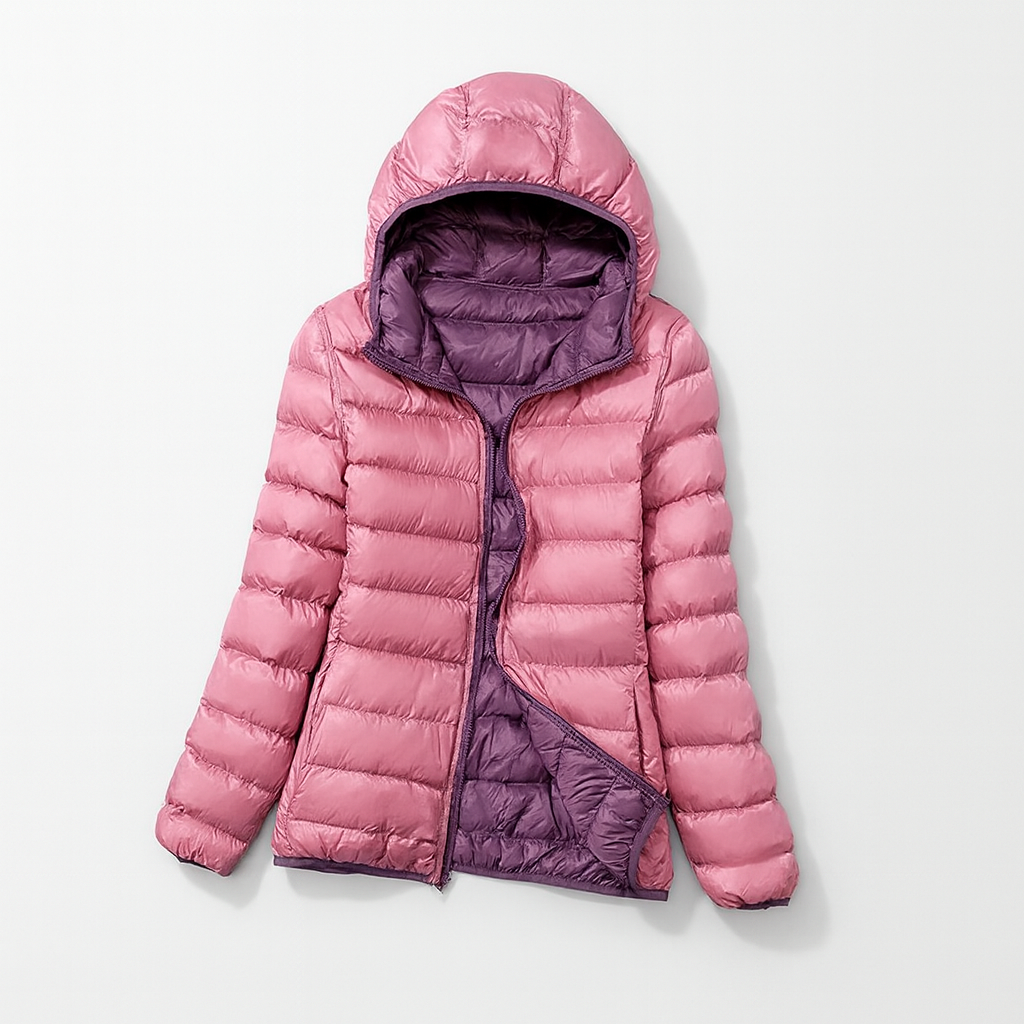 Women's puffer jacket with a hood, designed for cold weather, featuring a zip closure and side pockets. 7