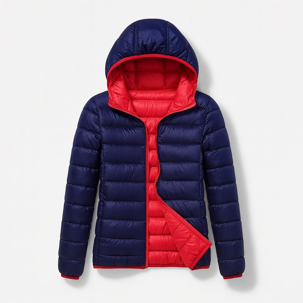 Women's puffer jacket with a hood, designed for cold weather, featuring a zip closure and side pockets. 8