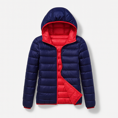 Women's puffer jacket with a hood, designed for cold weather, featuring a zip closure and side pockets. 8