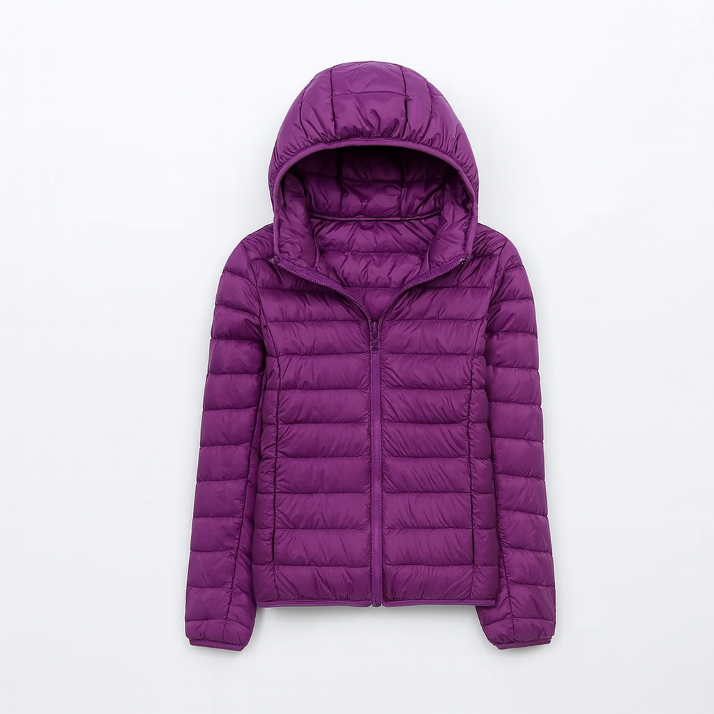 Women's puffer jacket with a hood, designed for cold weather, featuring a zip closure and side pockets. 9