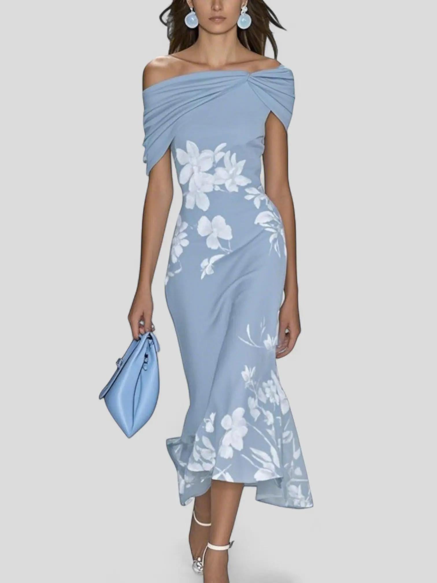 Dresses for women featuring a floral pattern and a draped finish, designed for formal events like weddings. 1