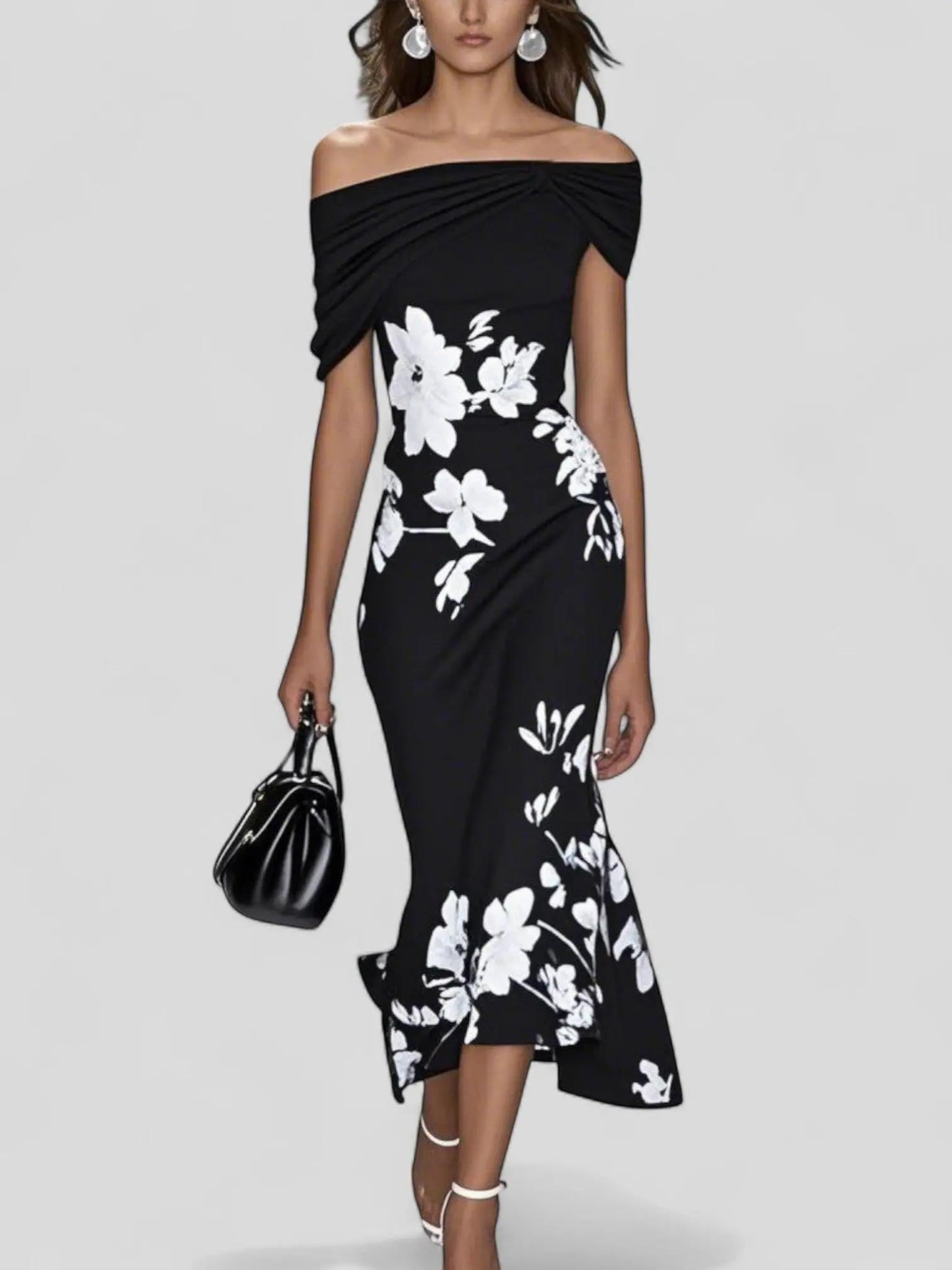 Dresses for women featuring a floral pattern and a draped finish, designed for formal events like weddings. 2
