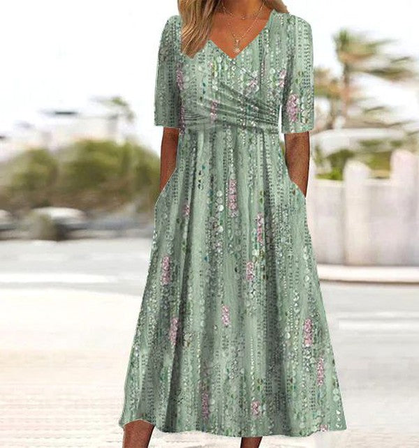 A-line summer dress with a floral pattern, featuring a lightweight and breezy design, suitable for warm weather. 0