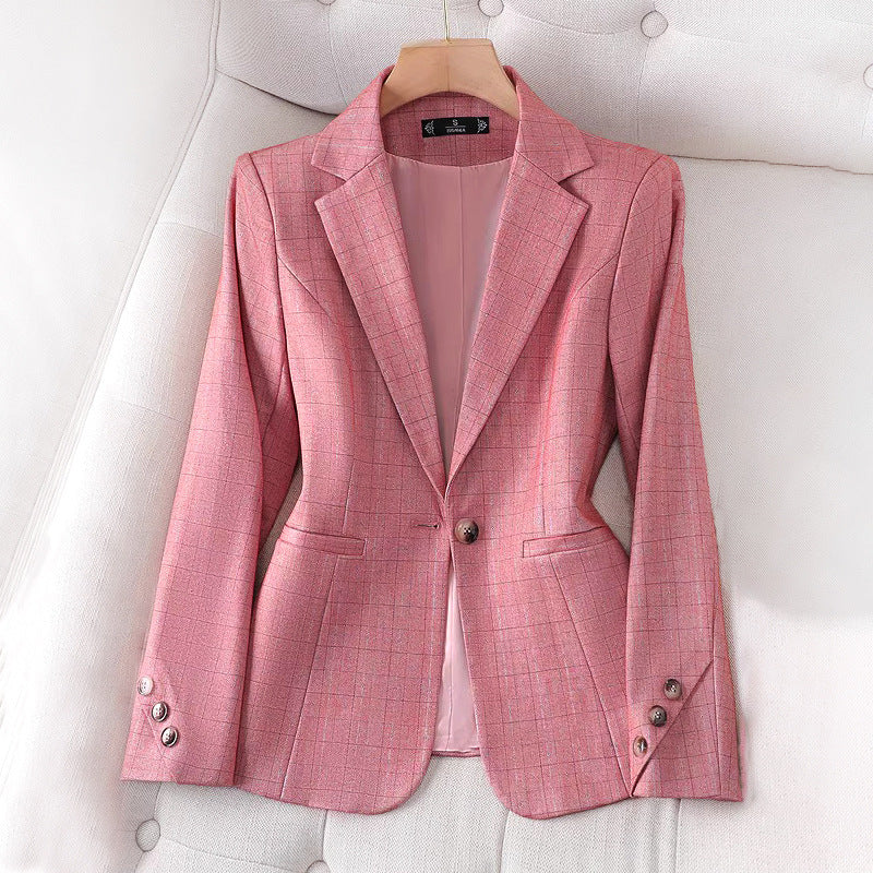 Women's fitted plaid blazer with elegant detailing. 0