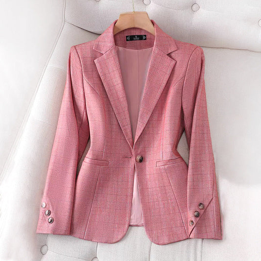 Women's fitted plaid blazer with elegant detailing. 0