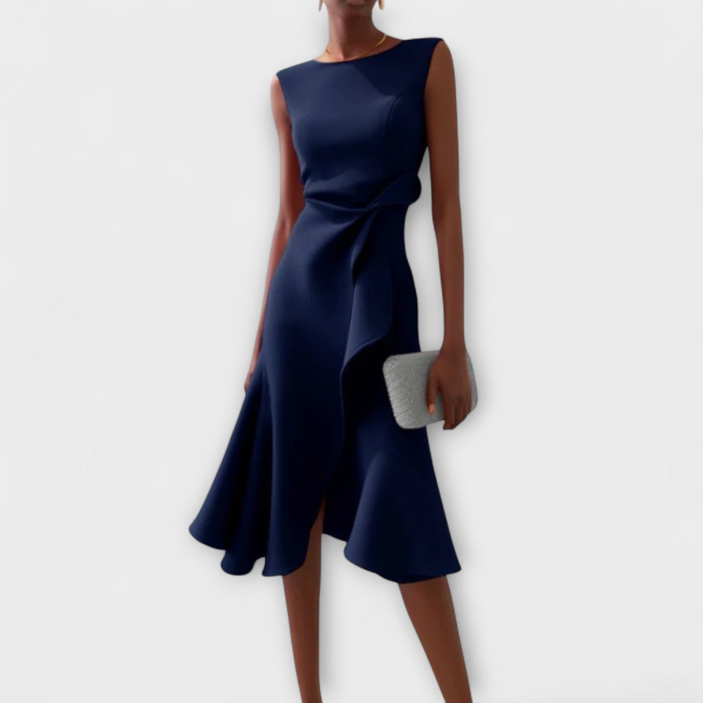 Dresses a midi length with asymmetrical draping, featuring a pleated design suitable for formal events. 2
