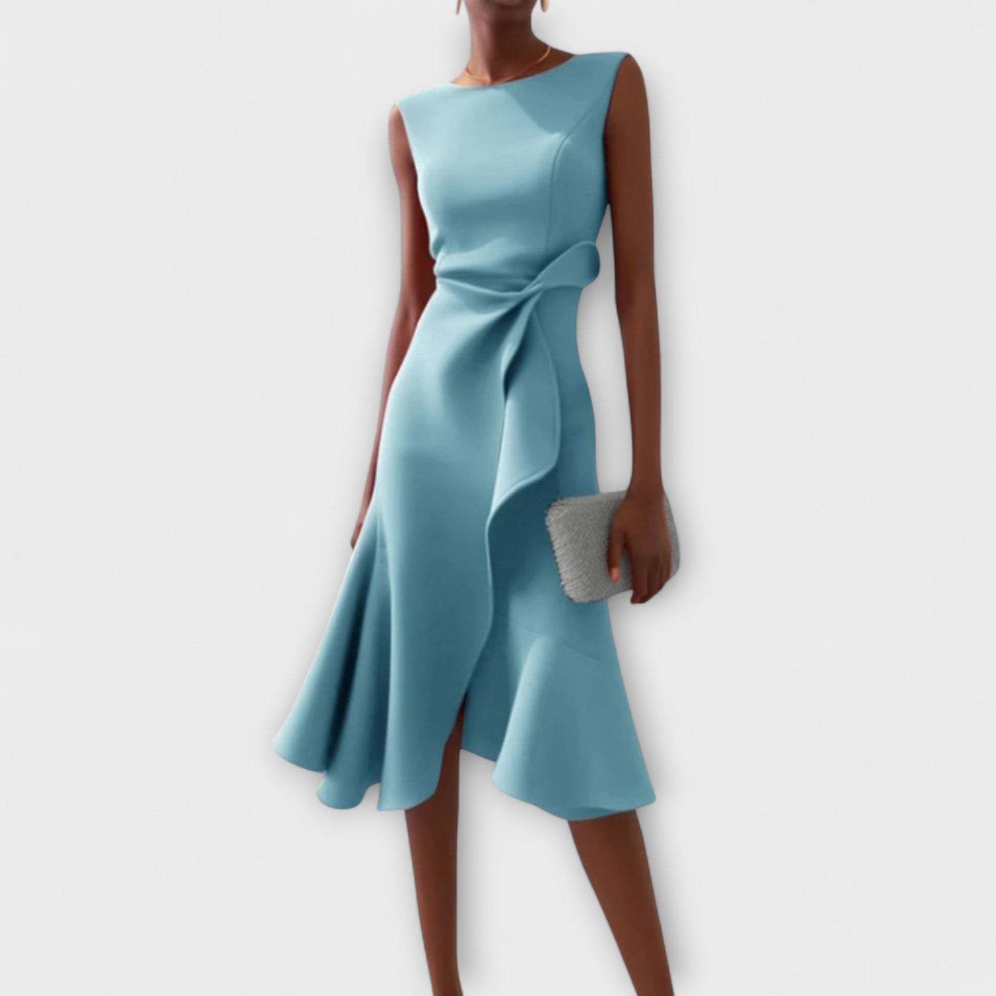 Dresses a midi length with asymmetrical draping, featuring a pleated design suitable for formal events. 4