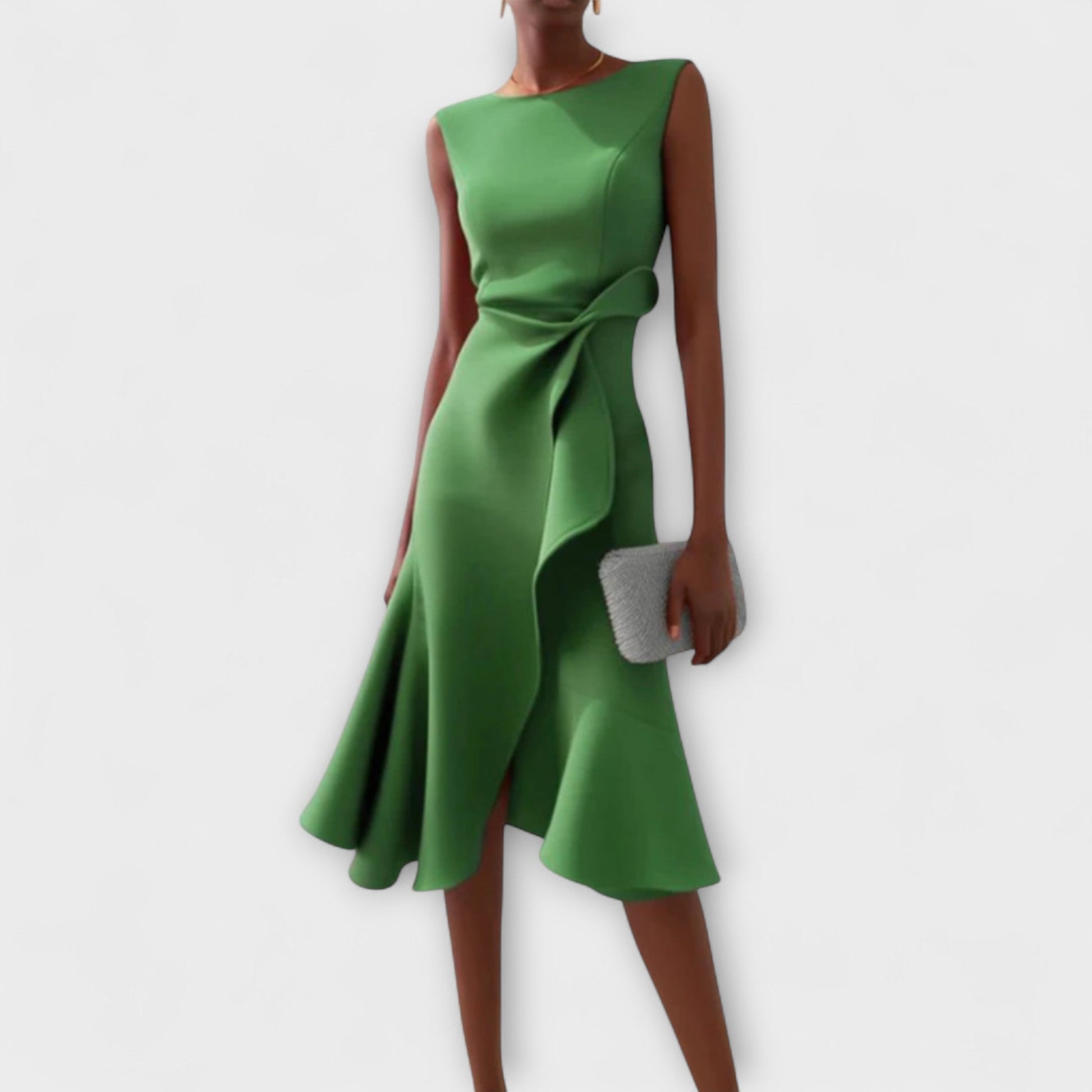Dresses a midi length with asymmetrical draping, featuring a pleated design suitable for formal events. 6