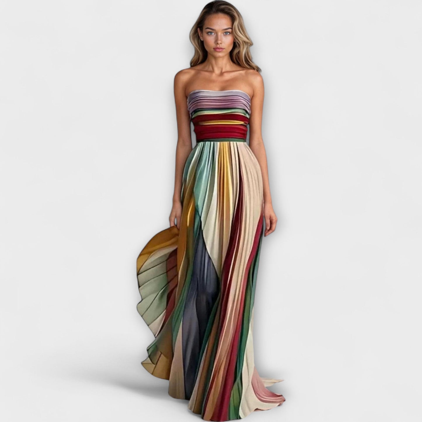 Dresses, a sleeveless pleated dress featuring a rainbow of colors, ideal for a wedding setting. 0