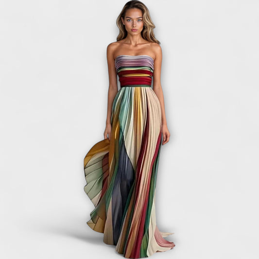 Dresses, a sleeveless pleated dress featuring a rainbow of colors, ideal for a wedding setting. 0