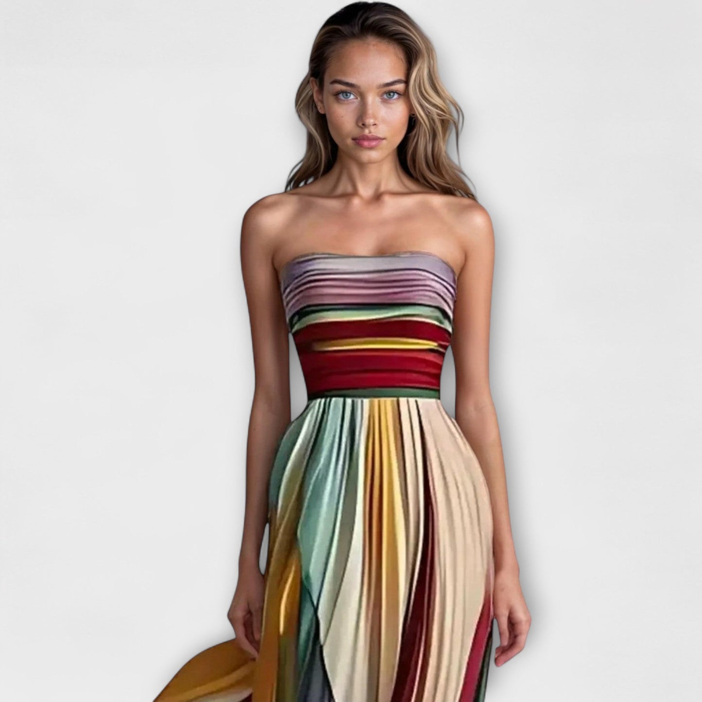 Dresses, a sleeveless pleated dress featuring a rainbow of colors, ideal for a wedding setting. 1