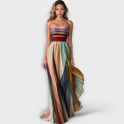 Dresses, a sleeveless pleated dress featuring a rainbow of colors, ideal for a wedding setting. 2