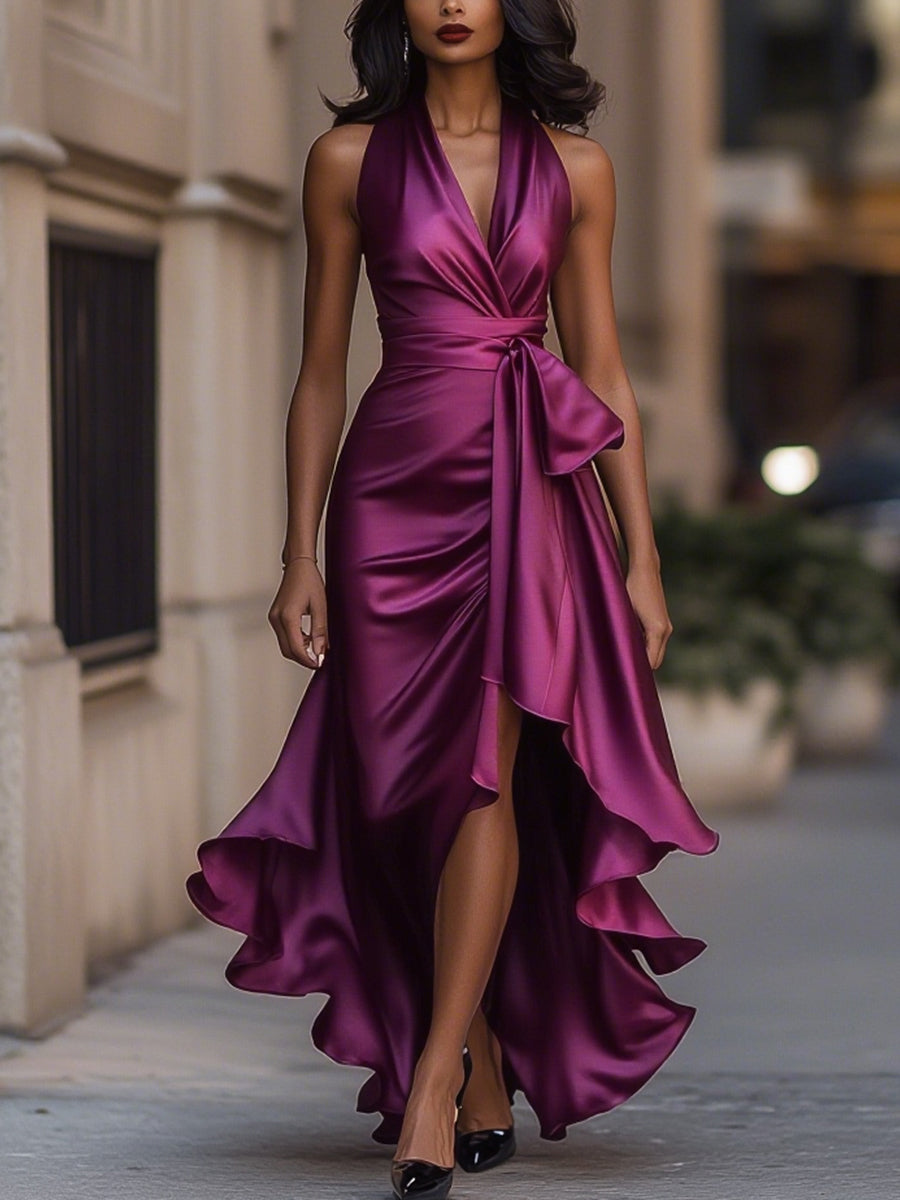 Dresses with a halter neckline and high-low hemline, featuring a flowing design and a feminine silhouette. 9