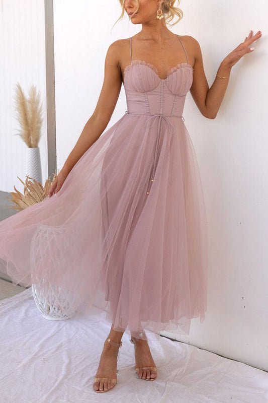 Dresses - A midi cocktail dress featuring a fitted bodice with a corset design and a flowing tulle skirt. 0