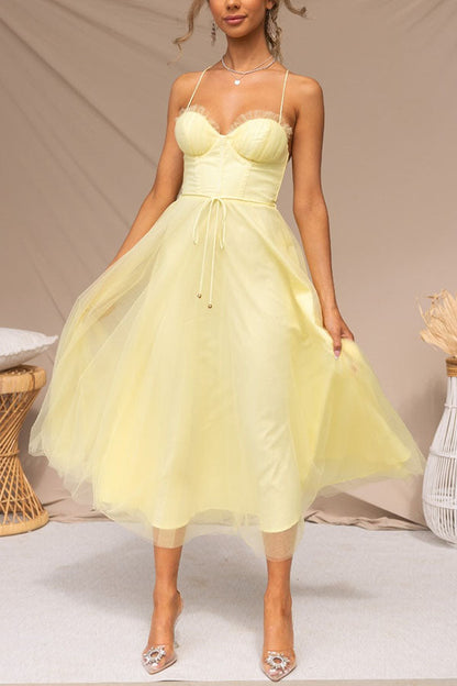 Dresses - A midi cocktail dress featuring a fitted bodice with a corset design and a flowing tulle skirt. 11