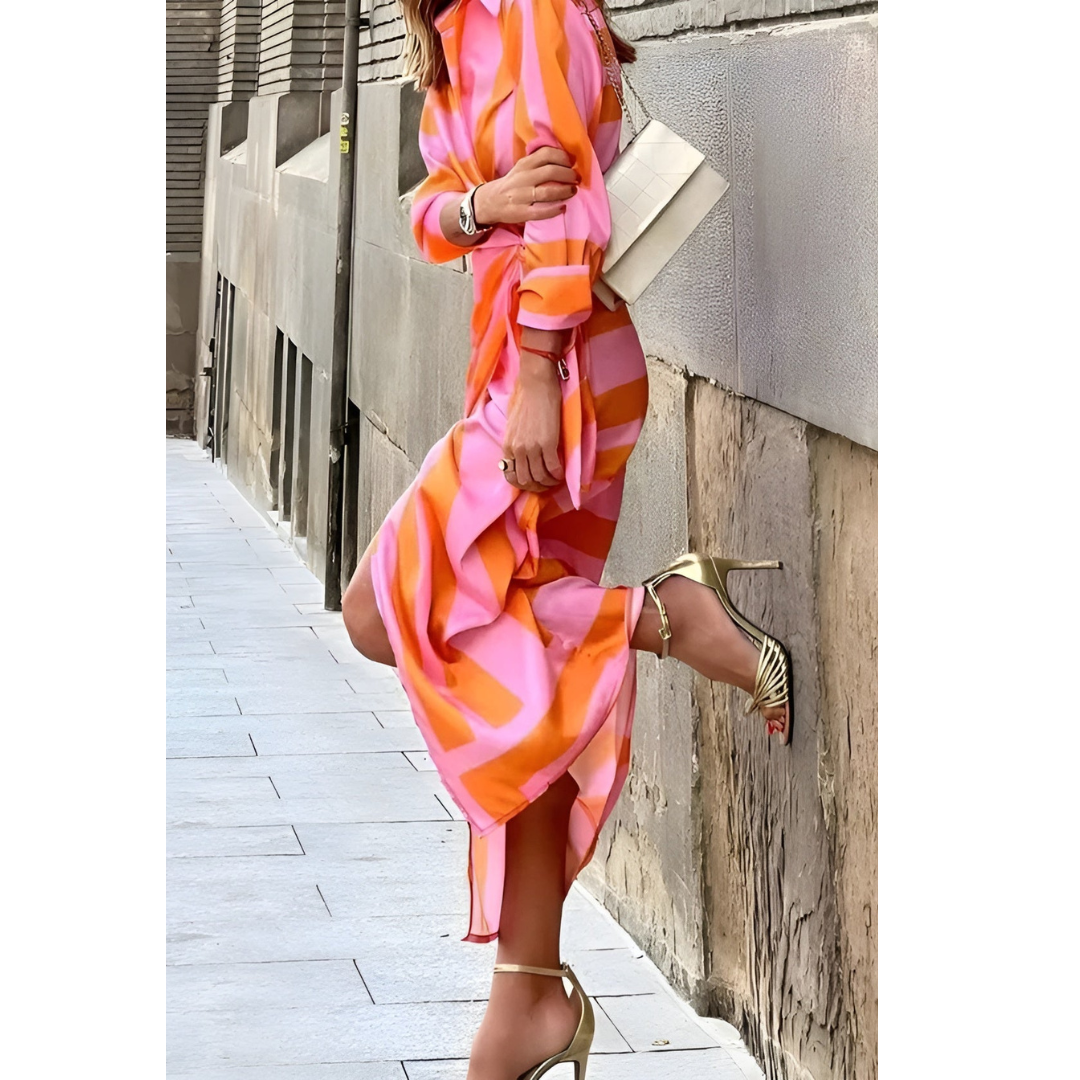 A woman wearing a fitted wrap dress, styled for a wedding, highlighting her figure with a defined waist and a flattering silhouette. 1