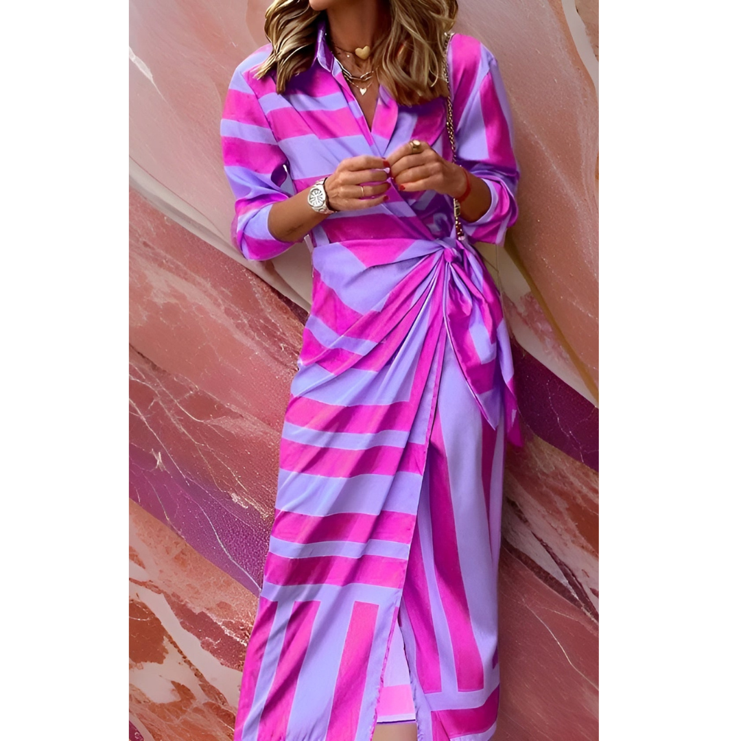 A woman wearing a fitted wrap dress, styled for a wedding, highlighting her figure with a defined waist and a flattering silhouette. 4