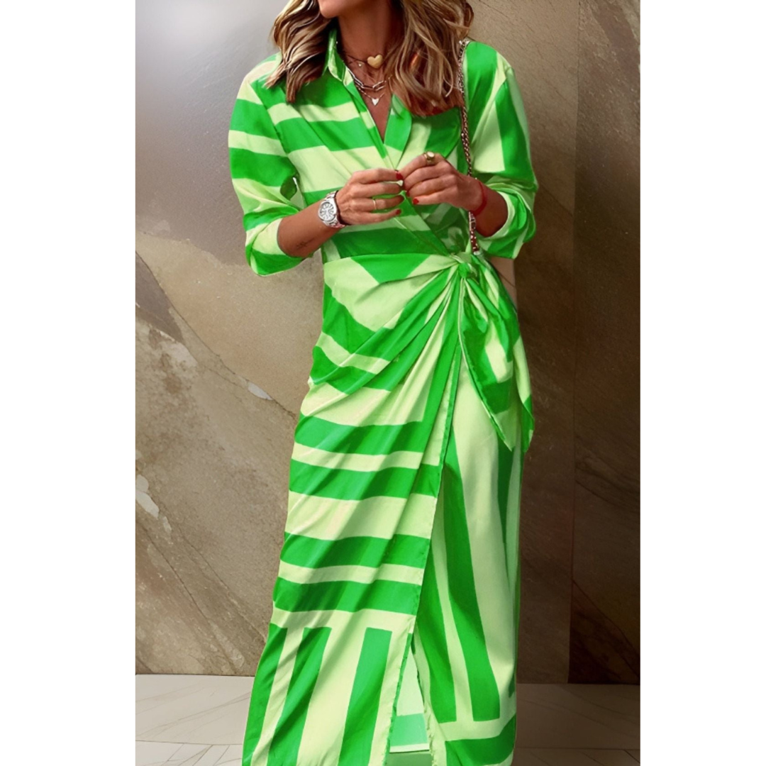 A woman wearing a fitted wrap dress, styled for a wedding, highlighting her figure with a defined waist and a flattering silhouette. 6