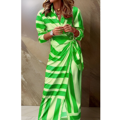 A woman wearing a fitted wrap dress, styled for a wedding, highlighting her figure with a defined waist and a flattering silhouette. 6
