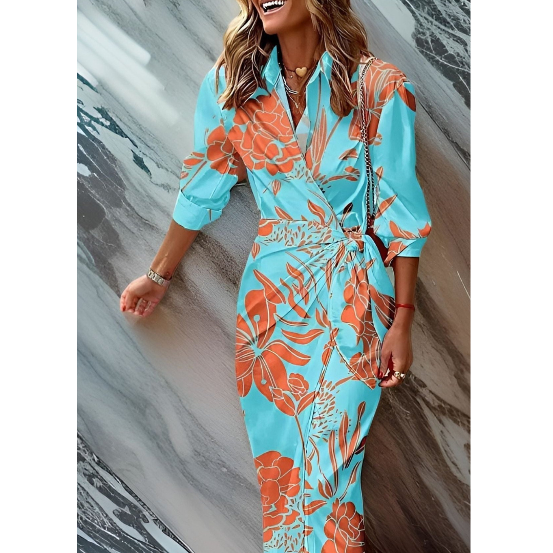 A woman wearing a fitted wrap dress, styled for a wedding, highlighting her figure with a defined waist and a flattering silhouette. 7