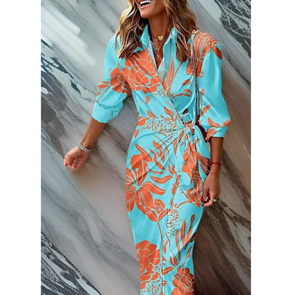 A woman wearing a fitted wrap dress, styled for a wedding, highlighting her figure with a defined waist and a flattering silhouette. 7