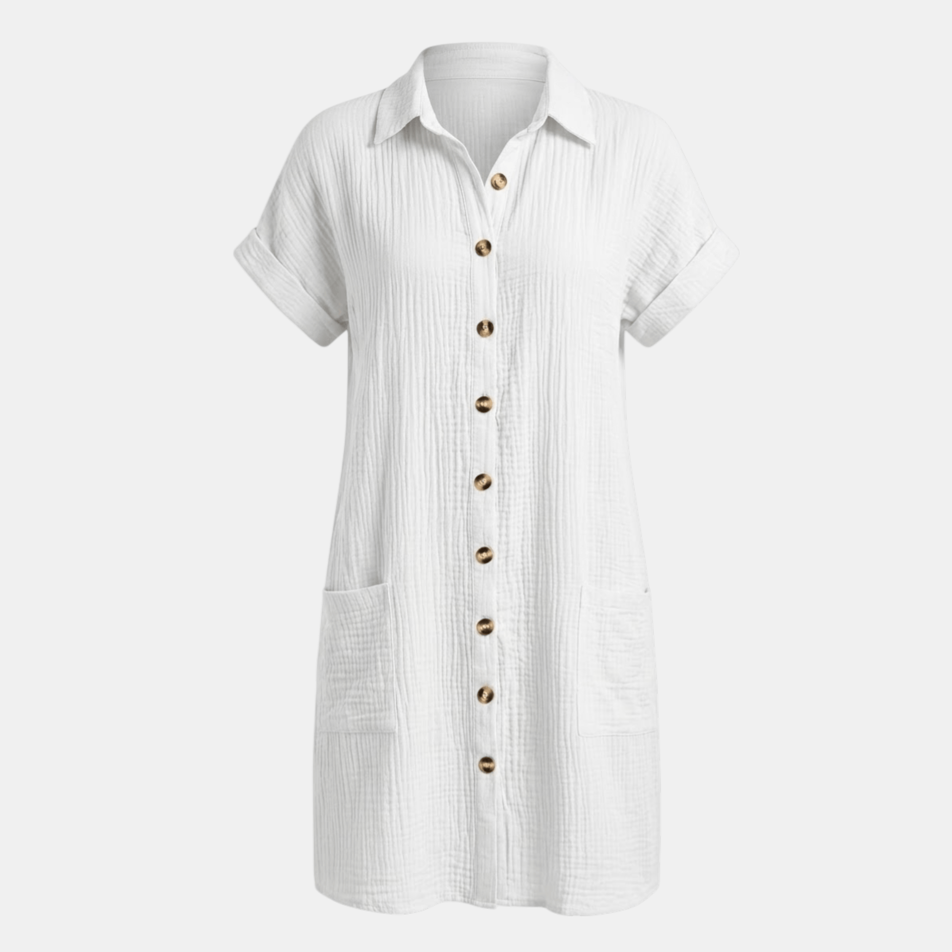 Dresses | A short-sleeved shirt dress featuring a button-down front and side pockets, designed for summer wear. 0