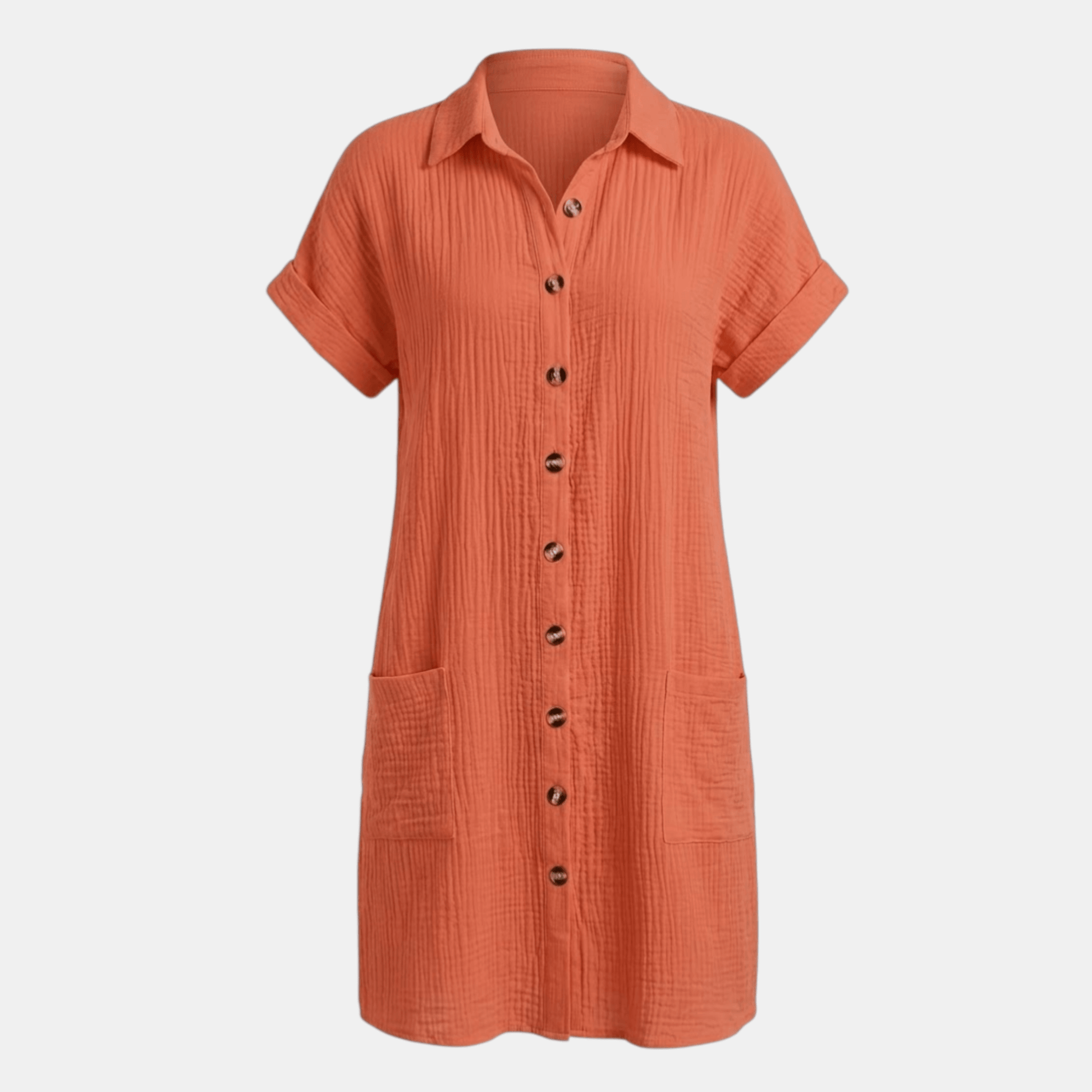 Dresses | A short-sleeved shirt dress featuring a button-down front and side pockets, designed for summer wear. 10