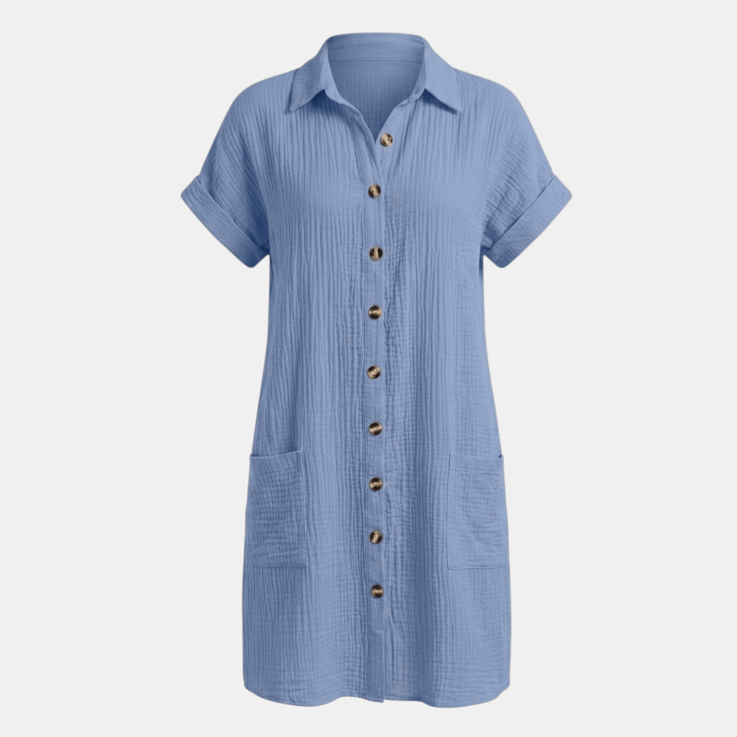 Dresses | A short-sleeved shirt dress featuring a button-down front and side pockets, designed for summer wear. 11