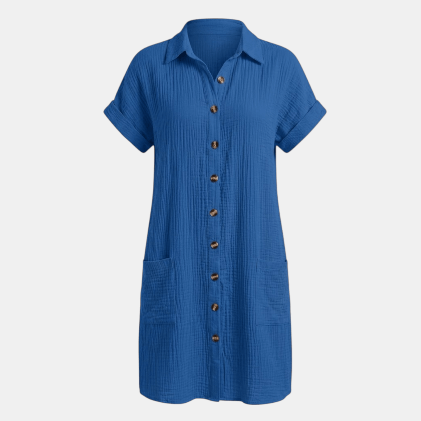 Dresses | A short-sleeved shirt dress featuring a button-down front and side pockets, designed for summer wear. 12