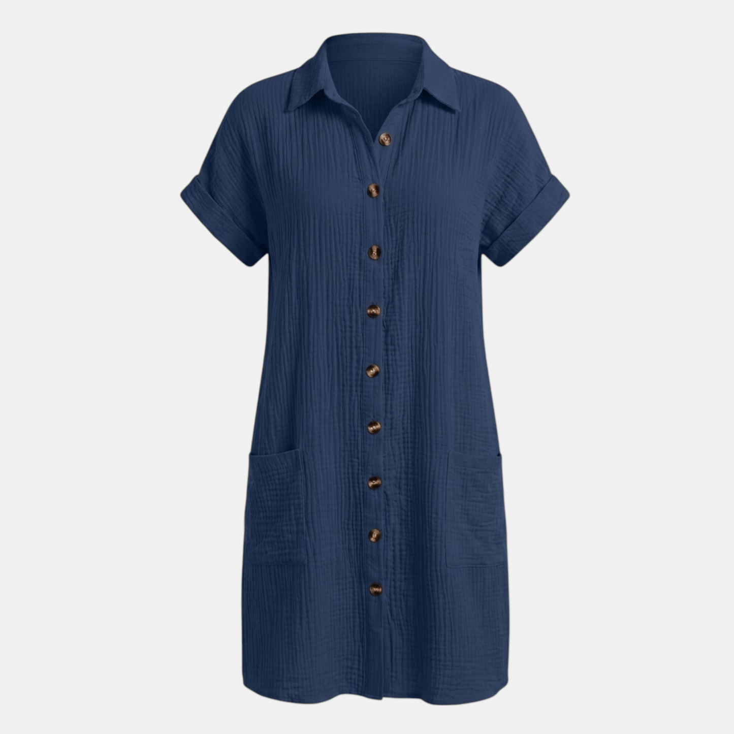 Dresses | A short-sleeved shirt dress featuring a button-down front and side pockets, designed for summer wear. 13