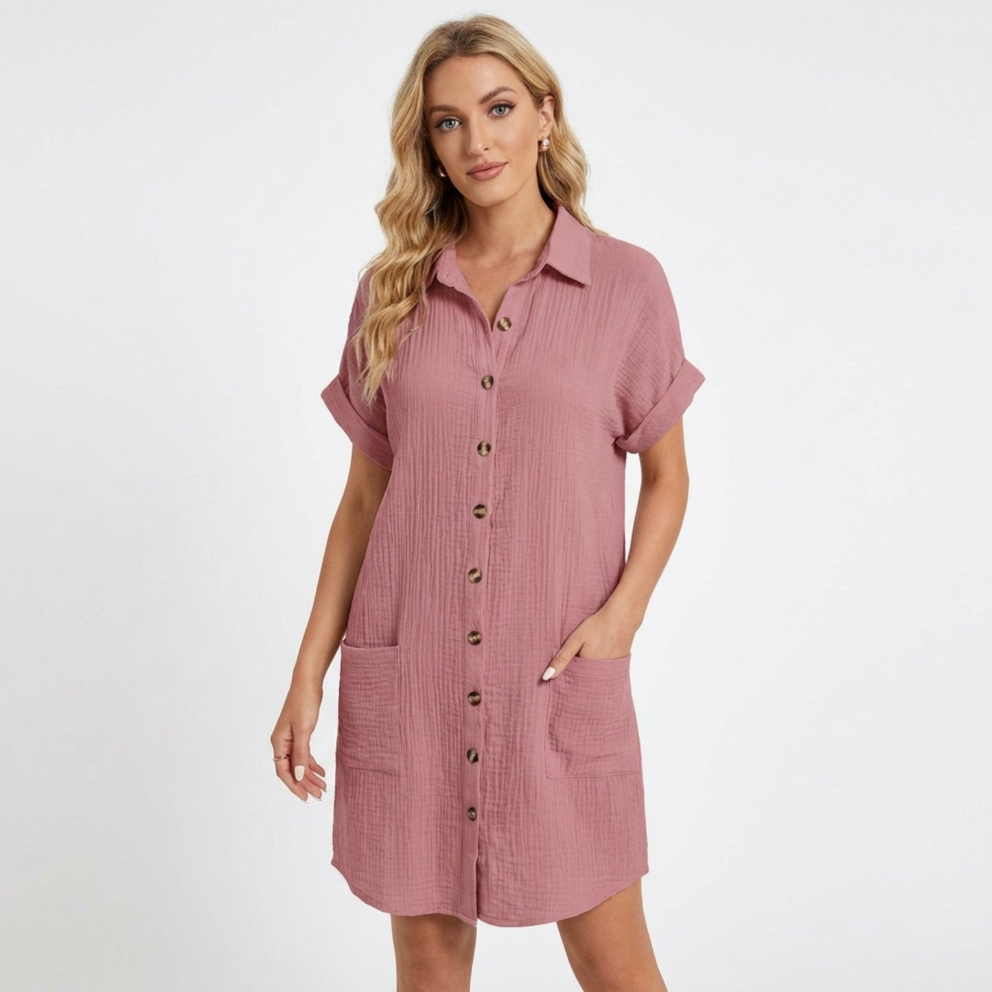 Dresses | A short-sleeved shirt dress featuring a button-down front and side pockets, designed for summer wear. 3