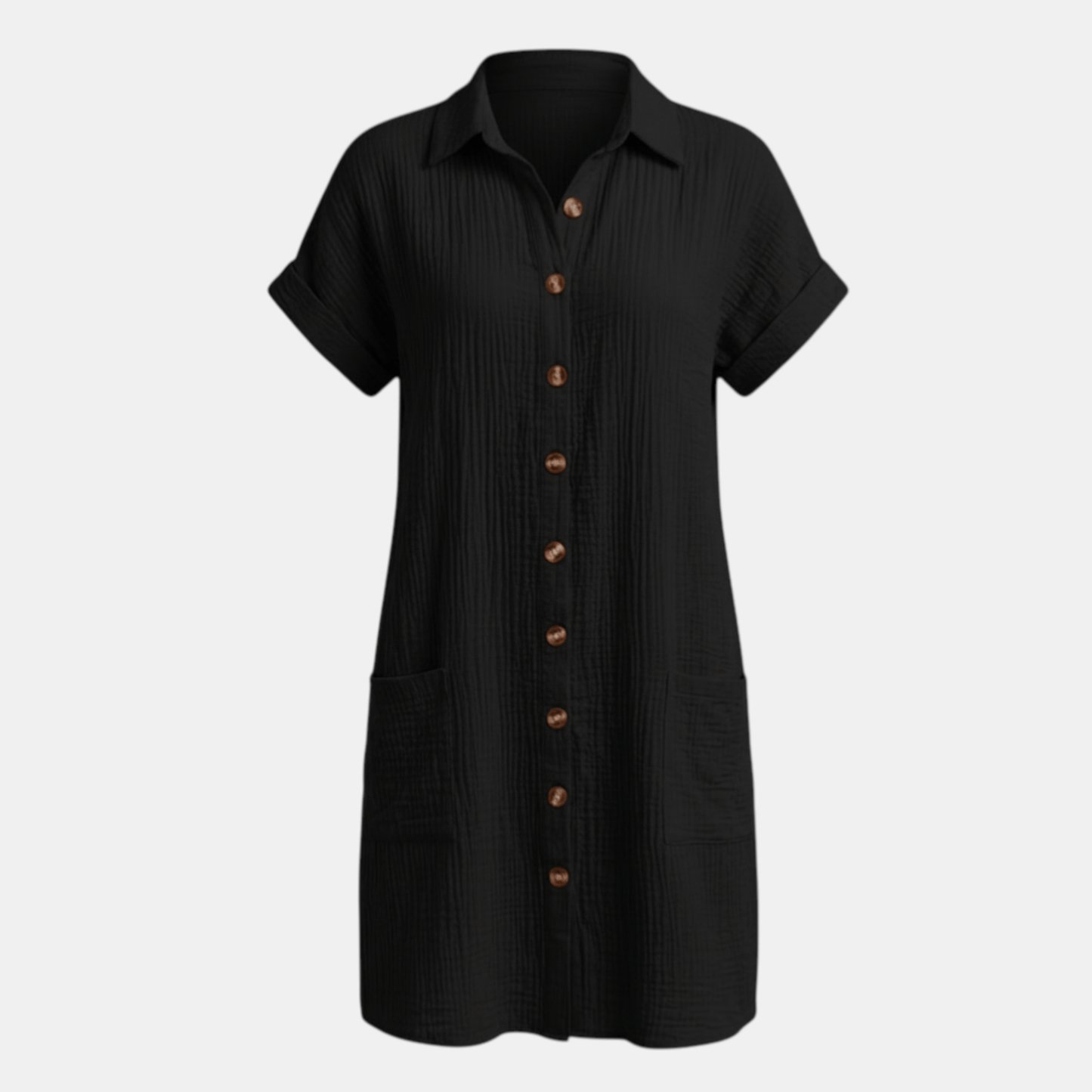 Dresses | A short-sleeved shirt dress featuring a button-down front and side pockets, designed for summer wear. 5